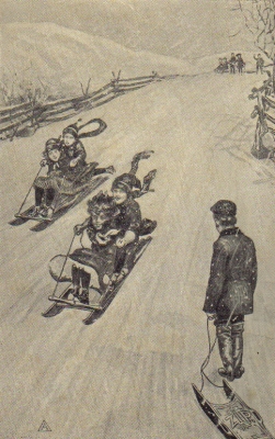 DOWN THE LONG HILL SWEPT THE TWO SLEDS.&mdash;P. 45.