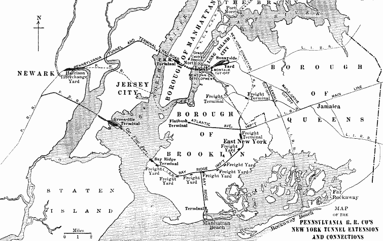 Fig. 1. (Full page image) MAP OF THE PENNSYLVANIA R.&nbsp;R. CO'S NEW YORK TUNNEL EXTENSION AND CONNECTIONS.