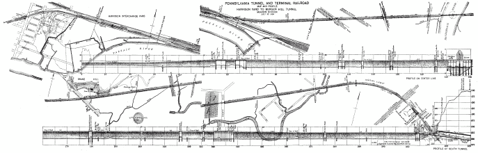 Plate II.&mdash;Pennsylvania Tunnel and Terminal Railroad Map and Profile Harrison Yard to Bergen Hill Tunnel Meadow Division July 30 1909