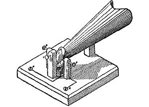 Fig. 6.&mdash;Mouth-key (Isometric drawing) The metallic tongue E swings over the mercury H, making or breaking the circuit A H E D B or C E H A. The tongue is moved by a puff of air through the funnel F. (Devised by Prof. W. Libbey.)