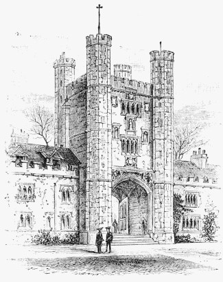 TRINITY COLLEGE, CAMBRIDGE.
Showing Newton's rooms; on the leads of the gateway he placed
his telescope.