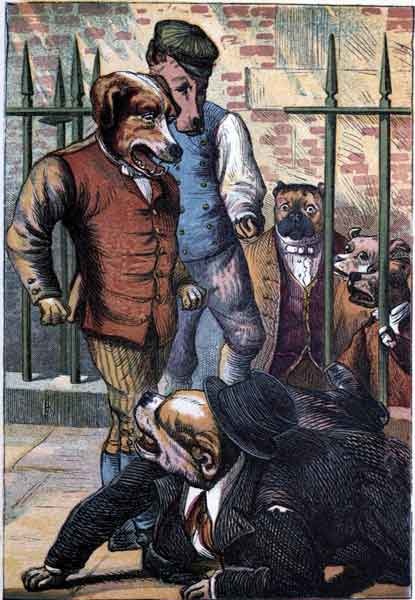 Mr. Bull Dog lying on the sidewalk after being ejected by the servants.