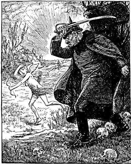 Large WWI German soldier brandishing
sword at a small boy as Cupid.