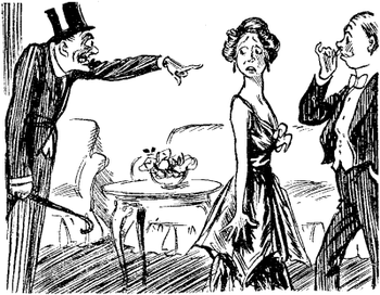 Husband walking in on wife with
supposed suitor.