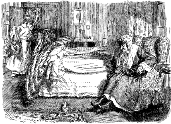Young girl gathering clothes from
closet. Old lady examining feet.