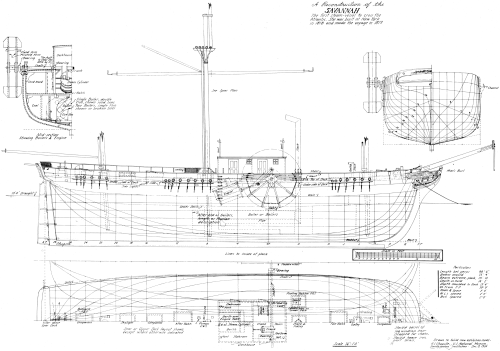 Figure 6.&mdash;Reconstruction of the hull lines and general
arrangement of the Savannah.