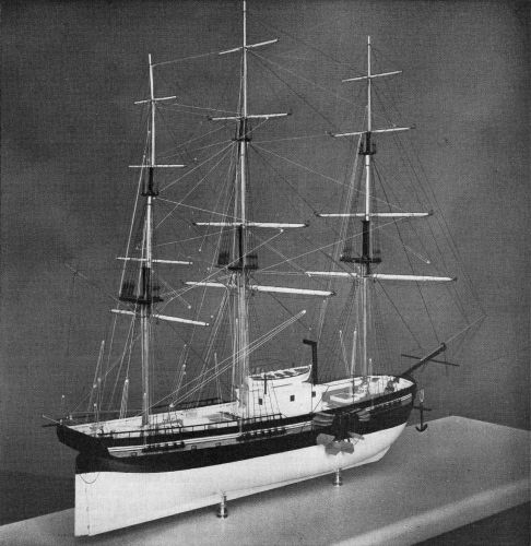 Figure 8.&mdash;Stern-quarter view of the new model of the
Savannah, showing one wheel partially folded and the iron frames for
canvas wheel-boxes in place.