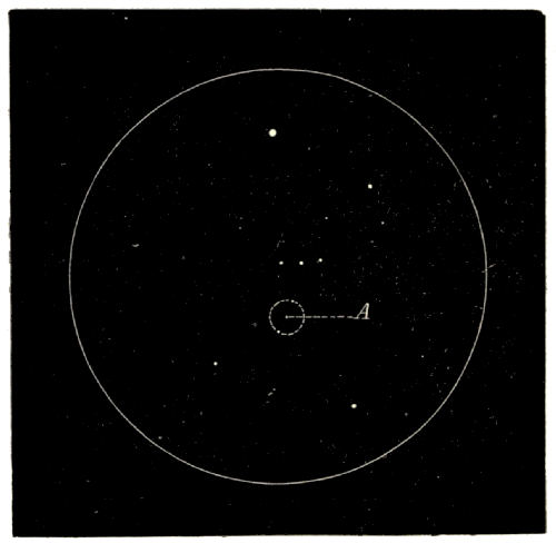 Fig. 97.&mdash;The Constellation of Orion, showing the
Position of the Great Nebula.