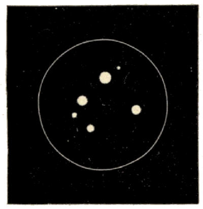 Fig. 98.&mdash;The Multiple star (θ Orionis) in the
Great Nebula of Orion.