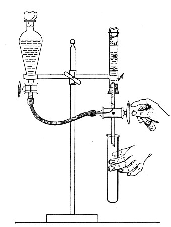 Fig. 103.&mdash;Separatory funnel and three-way tap arranged
for tubing media.
