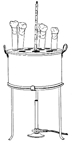 Fig. 121.&mdash;Handy form of water-bath for melting tubes of
agar and gelatine previous to slanting them; or to making shake cultures
or pouring plates.