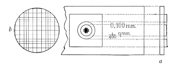 Fig. 138.&mdash;H&aelig;matocytometer cell, showing, a, section
through the centre of the cell, and b, a magnified image of the cell
rulings.