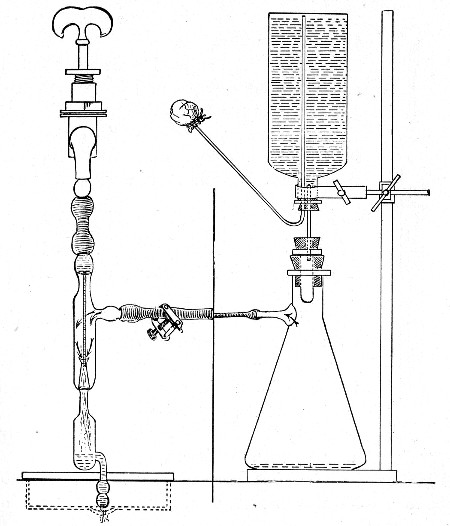 Fig. 209.&mdash;Water filtering apparatus. That portion of the
figure to the left of the vertical line is drawn to a larger scale than
that on the right, in order to show details of Sprengel's pump.
