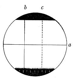 Fig. 59.&mdash;Ramsden's micrometer field, a, fixed wire;
b, reference wire (fixed); c, travelling wire.