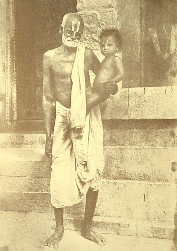 Old India. "You think you know us; you know nothing at all about us!" and the old eyes peer intently into yours, and the old head shakes and he smiles to himself as he moves off. Every bit of this picture is suggestive: the closed door behind,&mdash;only a Brahman may open that door; the mythological carving,&mdash;only a Brahman has the right to understand it; the three-skein cord,&mdash;only a Brahman may touch it. Even the ragged old cloth is suggestive. In old India nothing but Caste counts for anything, and a reigning Prince lately gave his weight in gold to the Brahmans, as part payment for ceremonies which enabled him to eat with men of this old man's social position. Look at the marks on the baby's forehead; they are suggestive too.