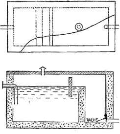 Fig. 71.&mdash;Plan and section of a septic tank with valve.