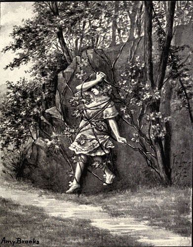 With feet and hands she strove to loosen the tough, wiry vines.&mdash;Page 119.