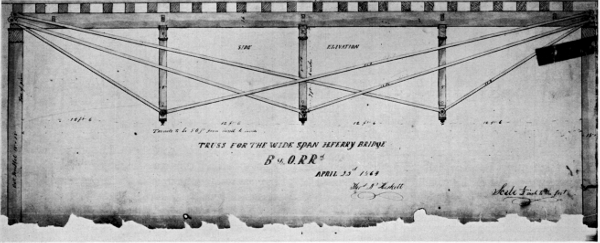 Figure 4.&mdash;Simple beam of 50-foot span with three
independent trussing systems. Bollman&rsquo;s use of this method of support
led to the development of his bridge truss. This drawing is of a
temporary span used after the timber bridge at Harpers Ferry was
destroyed during the Civil War. (In Baltimore and Ohio Collection,
 Museum of History and Technology.)