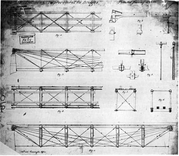 Figure 5.&mdash;Bollman&rsquo;s original patent drawing, 1851. (In
National Archives, Washington, D.C.)