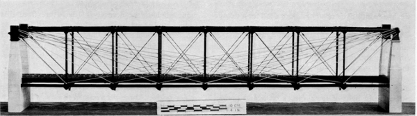Figure 7.&mdash;Recent model of Bollman&rsquo;s Winchester span.
Only two of the three lines of trussing are shown. The model is based on
Bollman&rsquo;s published description and drawings of the structure. (USNM
318171; Smithsonian photo 46941.)