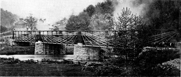 Figure 9.&mdash;Bollman skew bridge at Elysville (now
Daniels), Maryland, built in 1853-1854. (Photo courtesy of Maryland
Historical Society.)