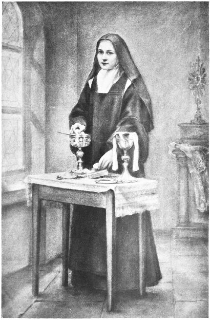 S&OElig;UR TH�R�SE DE L'ENFANT-J�SUS

pr�parant les vases sacr�s lorsqu'elle �tait sacristine.

(D'apr�s une photographie de juin 1890.)