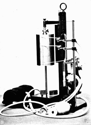 Fig. 15.&mdash;The Erlanger sphygmomanometer with the Hirschfelder attachments by
means of which simultaneous tracings can be obtained from the brachial, carotid, and
venous pulses.