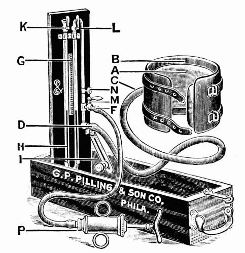 Fig. 17.&mdash;The Faught blood pressure instrument. An excellent instrument which is
quite easily carried about and is not easily broken.