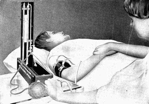 Fig. 24.&mdash;Method of taking blood pressure with patient lying down.