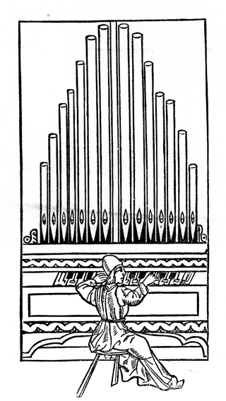 A CURIOUS ENGRAVING SHOWING AN ORGANIST PERFORMING
UPON AN INSTRUMENT WITH BROAD KEYS. FROM FRANCHINUS
GAFFURIUS' THEORICA MUSICA. 1492.