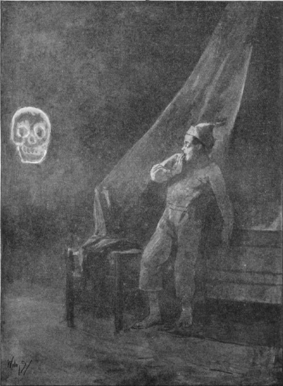 In zijne gedachten zag Bob al, hoe neef Pieter de oogen stijf gericht
hield op het schrikwekkende beeld,.... (pag.&nbsp;127).