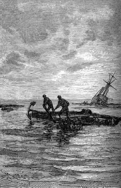 zij lieten het anker een halve kabellengte van het schip
af op tien vaam water vallen.