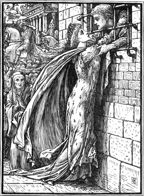 &mdash;&mdash;and ere they could stop her she had turned her palfrey's
head towards the prison window, and pushed her white arms through the bars
to clasp the Prince."&mdash;P. 128.