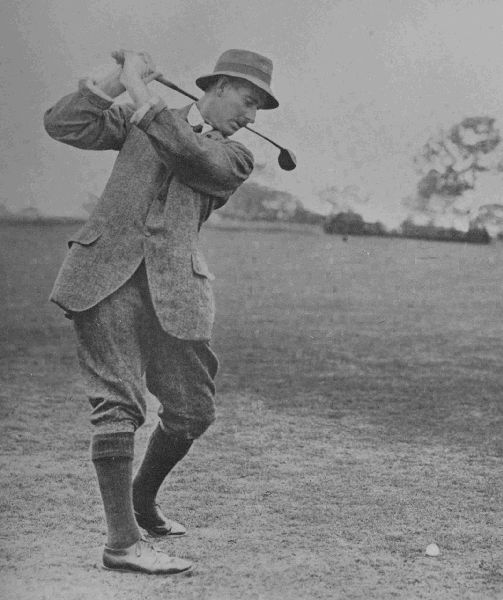 PLATE IV.

HARRY VARDON

At the top of his swing in the drive. This is a fine illustration of
Vardon's perfect management of his weight, which is mainly on his left
foot. Observe carefully the wrists, which are in the best possible
position to develop power.
