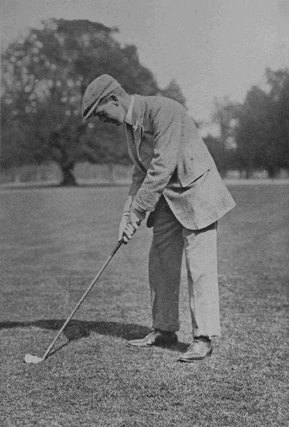 PLATE XIII.

J. SHERLOCK

This plate shows Sherlock's stance and address in his favourite
iron-shot. He addresses the ball so that it is nearly opposite his
right heel.