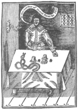Frontispiece of “Hocus Pocus,” Second Edition, 1635, one
of the earliest works on magic. From the Harry Houdini Collection.