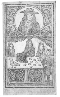 Frontispiece from Richard Neve’s work on magic, showing
him performing the egg and bag trick about 1715. Photographed from the
original in the British Museum by the author.