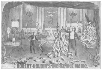 The only Robert-Houdin poster showing his complete stage
setting. This lithograph was made in France. From the Harry Houdini
Collection.