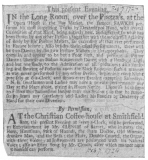 Clipping from the London Post, February 7th, 1724, in
which Fawkes announces his retirement and offers to teach his tricks to
all comers. Below this announcement is the advertisement of Clench,
famous as an imitator and an instrumentalist.