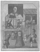 Reproduction of page 1226 of Hone’s “Every-Day Book” in
the Harry Houdini Collection. This is a portrait of Fawkes, engraved on
a fan by Setchels in 1721 or 1728. Fans like these were distributed at
the Bartholomew Fair.
