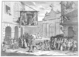 Masquerade and opera at Burlington Gate. Reproduction of
Hogarth’s engraving entitled “Taste,” belittling the artistic taste of
London. This caricature verifies the Fawkes advertisement, reproduced on
page 64, for here the conjurer is pictured leaning from the window of
the “long room” and calling attention to his performances. From the
Harry Houdini Collection.