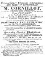 Reproduction of a handbill distributed on the streets of
London in September, 1822. The orange-tree trick is on the bill under
the name of “Enchanted Garden.” From the Harry Houdini Collection.