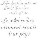Specimens of penmanship executed by the Droz writing
automaton in 1796 and 1906 respectively. From the brochure issued by the
Society of History and Archæology, Canton of Neuchatel, Switzerland.