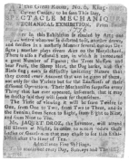 Clipping from the London Post, 1776, advertising the
writing and drawing figures, exhibited by their inventor, Mr.
Jacquet-Droz. From the Harry Houdini Collection.