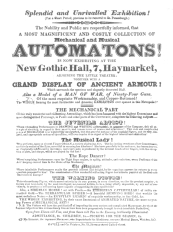 Poster used by Mr. Schmidt in advertising the writing and
drawing figure in London just before his departure for St. Petersburg,
Russia. From the Harry Houdini Collection.