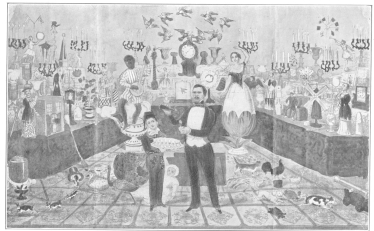 Lithograph used by E. W. Young, who copied all of John
Henry Anderson’s billing and featured the obedient-card trick. This
setting shows how cumbersome was the apparatus employed by magicians
before Wiljalba Frikell proved that he could score with apparently no
apparatus. Original in the Harry Houdini Collection.