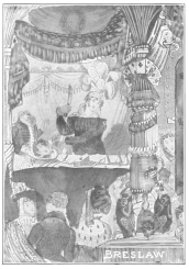 Reproduction of a triple colored lithograph. This section
features Breslaw in stage costume. Original in the Harry Houdini
Collection.