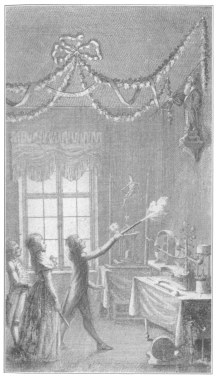 Reproduction of an illustration in “Aufschlüsse zur
Magie,” by Hofrath von Eckartshausen, showing the automatic rope vaulter
as exhibited in 1784 by Pinetti. Original in the Harry Houdini
Collection.