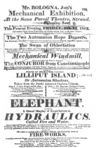 A Bologna bill of 1812, featuring the automatic rope
dancers. From the Harry Houdini Collection.