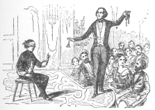 Robert-Houdin and his son Emile, presenting second sight.
Here the bell is used as it was by Henri Robin. From an illustration in
the original French edition of the Robert-Houdin “Memoirs."
